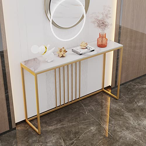 Wisfor Sintered Stone Entryway Console Table: White Marble Tabletop Long Table with Golden Frame - Narrow Side Table Behind Sofa for Hallway Foyer, 47x12x31 inch Wisfor