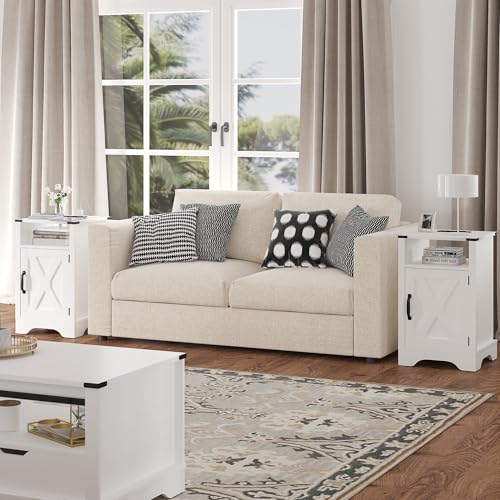 RoyalCraft Farmhouse Nightstand with Charging Station, Tall Bedside Table with Large Storage Room and Shelf, Wooden Rustic End Table for Bedroom, Living Room (White) RoyalCraft