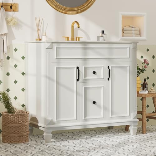Sweetcrispy 36" Bathroom Vanity with Sink, Bathroom Storage Vanity Sink with 2 Doors& 2 Drawers, Farmhouse Wooden Free Standing Bathroom Cabinet with Sink, Easy Assembly, NO Mirror Faucet (White) Sweetcrispy