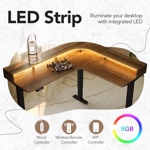 HUANUO Electric L Shaped Standing Desk with File Cabinet, 63" x 55" 2-Tier Height Adjustable Sit Stand up Desk with LED Strip, Power Outrlets & Cable Management Tray, Corner Computer Table, Walnut HUANUO