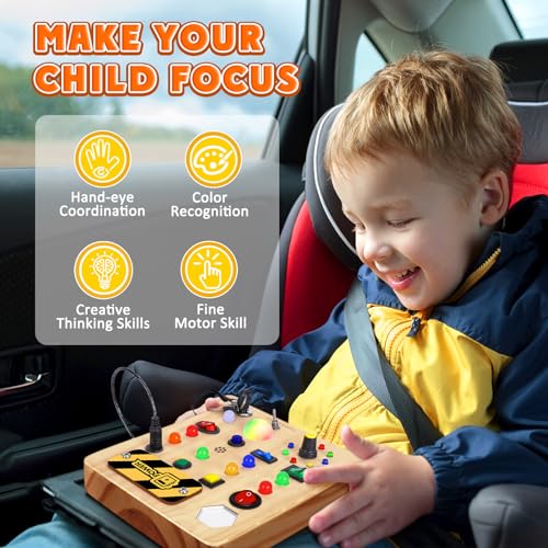 TINTECUSA Busy Board with LED Light, Wooden Sensory Toys for Toddler, Montessori Music Toy for Airplane, Travel Activity Educational Learning Autism Toys, Birthday Boys Girls Gifts TINTECUSA