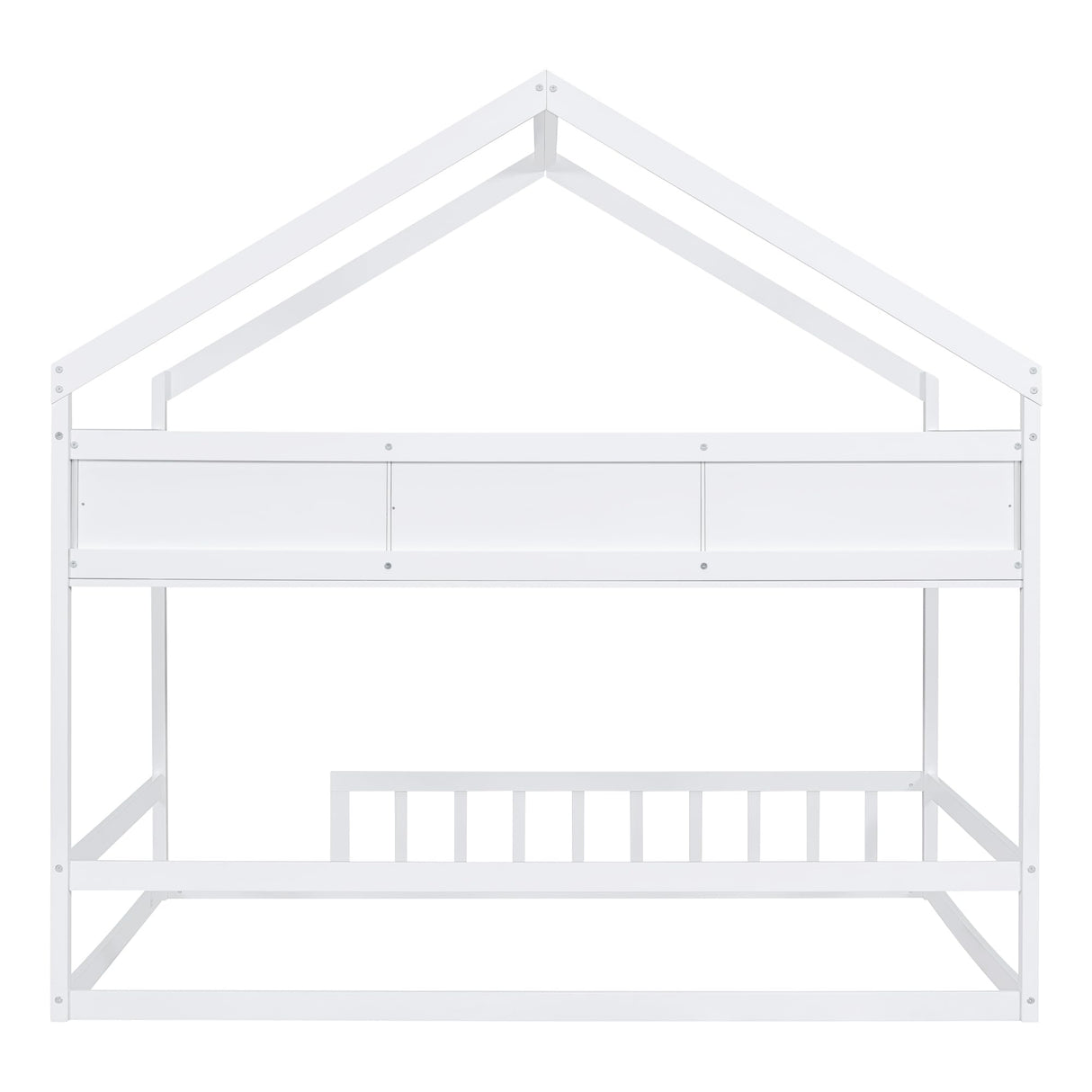 Bellemave Wooden Montessori Full Size House Bed with Fence Railings and Storage Shelf in White Bellemave