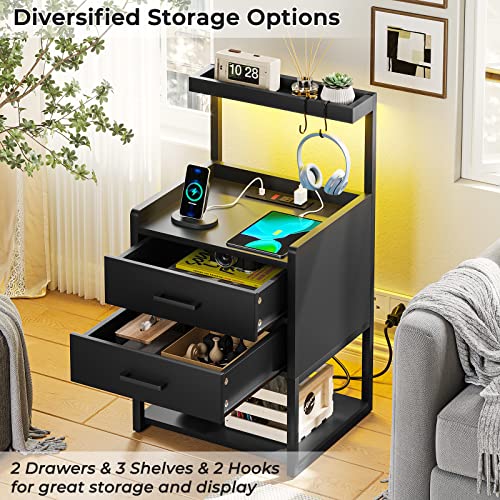 AOGLLATI LED Nightstand Set of 2 with Charging Station, 2 Drawers Night Stand with LED Lights for Bedroom, 2 USB Ports, 2 Power Outlets, Bed Side Table with Storage Shelves AOGLLATI