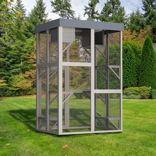 YOPTO 70.5" H Catio Outdoor Cat Enclosure,Cat House with Waterproof Roof and Large Enter Door,Wooden Shelter W/ 6 Jumping Platforms & 2 Napping Houses,Cats Cage for Walk in Kitten Kennel,Gray YOPTO