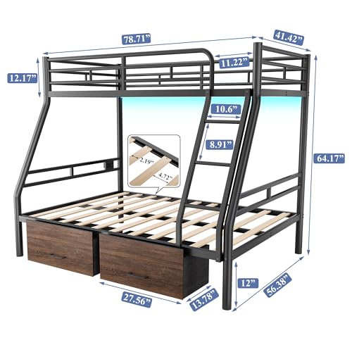 PVWIIK Bunk Bed Twin Over Full with Storage Drawers and LED/Metal Bunk Bed Frame w/Under-Bed Storage for Dormitory,Living Room,Bedroom,Kids,Black PVWIIK