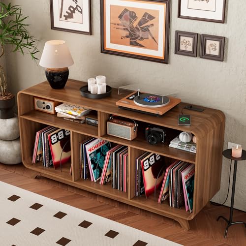 Boweniog Record Player Stand with Vinyl Storage Cabinet with Charging Station & USB Ports, Turntable Stand Table Holds Up to 350 Albums, Curved Vinyl Record Cabinet for Living Room (Walnut, 55-inch) Boweniog