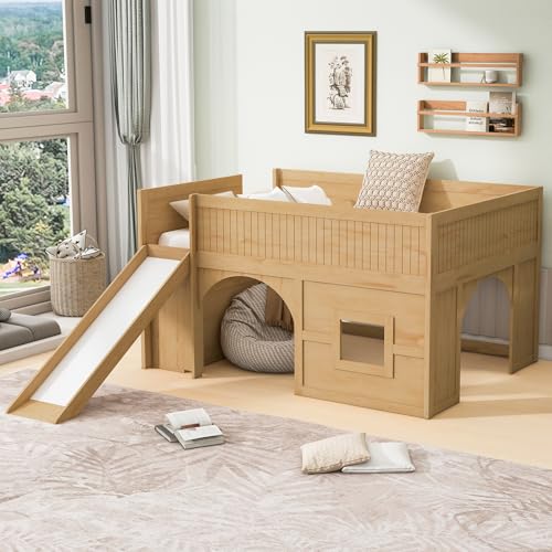 Merax Full Size Loft Bed with Slide & Stairs, Low Loft Bed for Kids, Solid Wood Bed Frame with Storage Shelve, Guard Rails, Slat Support & Under-Bed Play Space, No Box Spring Needed, Natural Merax