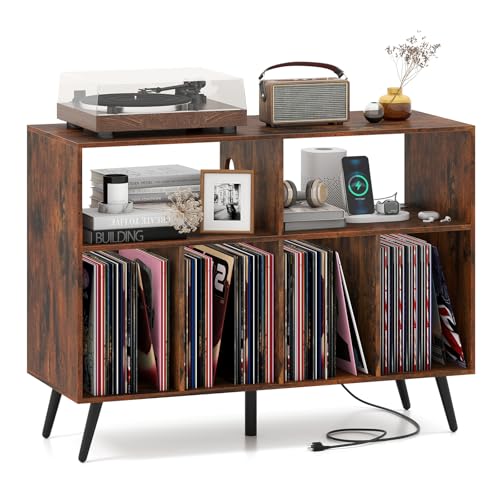 Giantex Large Record Player Stand with Charging Station, Turntable Stand Holds Up to 300 Albums, Record Player Table with Raised Leg, Vinyl Record Storage for Living Room (Rustic Brown) Giantex