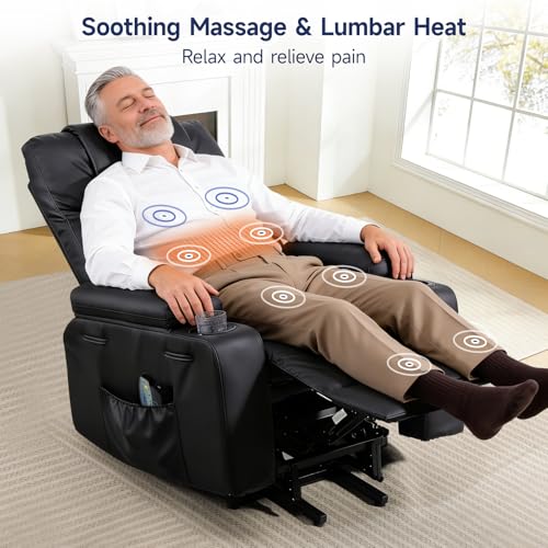 Brage Living Power Lift Recliner Chair for Elderly with Massage & Heat, PU Leather Electric Recliner with USB Charge Port, 160° Adjustable Recline, Stand Assist, Remote Control, Cup Holders (Black)