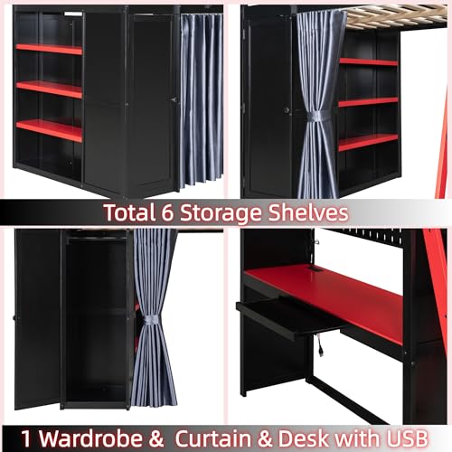 Merax Full Size Loft Bed with Desk and 6 Storage Shelves, Wardrobe, Blackout Curtain, Sturdy Wood Gaming Loft Bunk Bed Frame with USB Port & RGB Lights, No Box Spring Needed, Space-Saving, Black+Red Merax