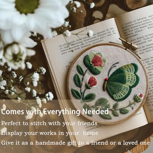 FONNUY Green Plants Embroidery Kit, Cross Stitch Kits for Beginners, Handmade Crafts with Printed Patterns for Beginner Adults, Easy to Follow Color Thread Needlework, 8'' Hoop (Butterfly)