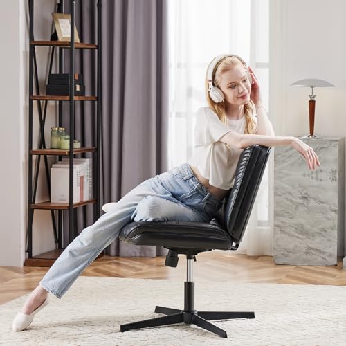 OLIXIS Criss Cross Chair Without Wheels, Cross Legged Office Chair, Armless Wide Vanity Desk Chair with Comfy PU Leather& Back - Swivel for Home Office Bedroom, Black OLIXIS