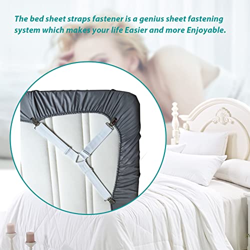 Bed Sheet Fasteners, Adjustable Mattress Suspenders, Mattress Cover Straps, Bed Corner Holder and Keepers and the Bed Sheet Grippers Clips (Triangle White Set of 4) RayTour
