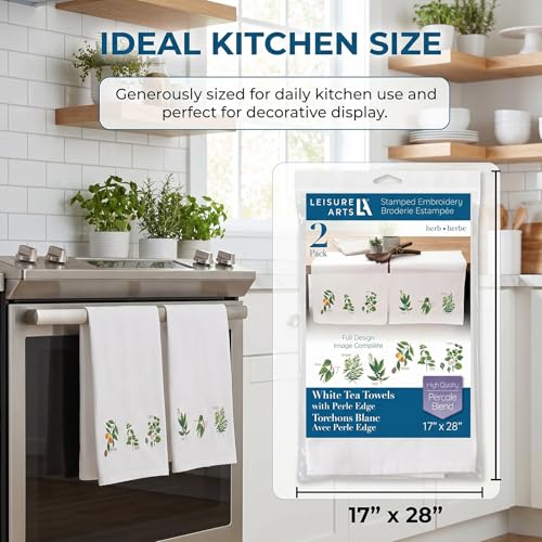 LEISURE ARTS Stamped Tea Towel with Perle Edge, Herb Garden, 2 Pack, 17x28 Inch, Percale Stamped Embroidery Fabric, DMC Anchor Coats Floss Guide