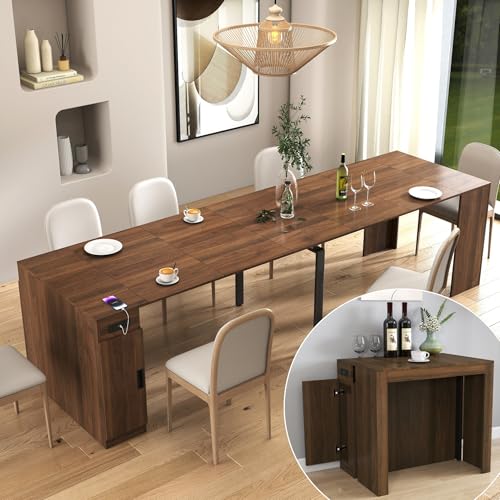 KEIKI 23.62”-118”L Extendable Foldable Dining Room Table with Storage Cabinet & Outlet, 1-10 People Wood Modern Rectangle Expandable Furniture for Kitchen Living Meeting Room, 6 Length Options KEIKI