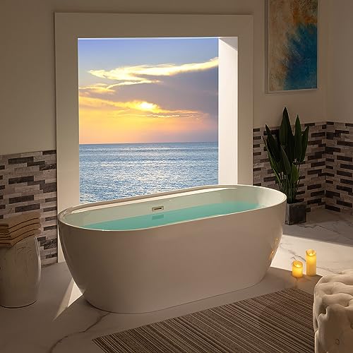 WOODBRIDGE 72" Acrylic Freestanding Bathtub Contemporary Soaking White Tub with Brushed Nickel Overflow and Drain,B0059-BN WOODBRIDGE