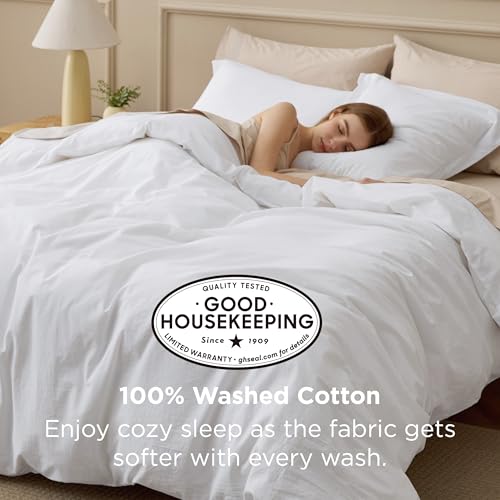 Bedsure 100% Washed Cotton Duvet Cover King - Bright White Minimalist Duvet Cover Linen Like for All Seasons - GentleSoft™ Plain Simple Cotton Bedding, 3 Pieces (Bright White, King, 104"x90") Bedsure