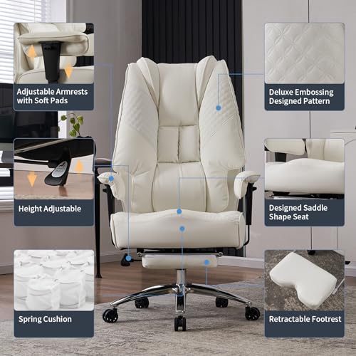 EXCEBET Big and Tall Office Chair 400lbs Wide Seat, Leather High Back Executive Office Chairs with Foot Rest, Ergonomic Lumbar Support for Lower Back Pain Relief (White) EXCEBET