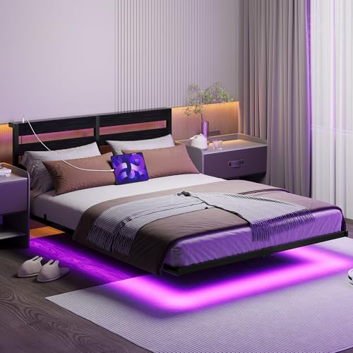 Floating Queen Bed Frame with Headboard and Storage,Metal Platform Bed Frame Queen Size with Charging Port and LED Lights,No Box Spring Needed,Easy Assembly,Noise Free,Heavy Duty Black Bed Frame SOLACECASA