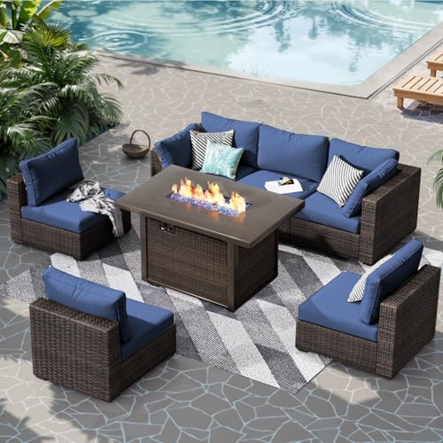 Grezone Patio Furniture Set,7 Piece Patio Furniture Set with Fire Pit Table,PE Wicker Rattan Sectional Sofa Patio Conversation Set with Thickened Cushions, Blue Grezone