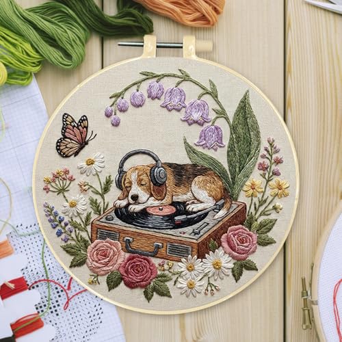 Needlework Embroidery Kit for Beginners,Dog and Record Player Pattern Handmade Cross Stitch Sewing Craft Kit,7.87 inch Hoop,Floss & Needles for Craft Lover Gifts 29 * 29cm