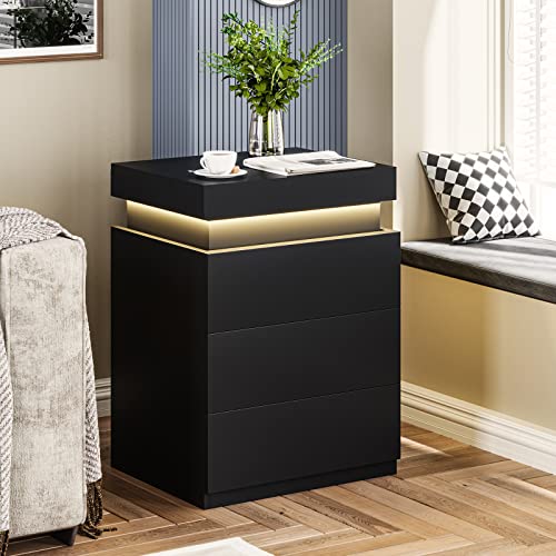 ADORNEVE Nightstand with Charging Station and LED Lights,Night Stand with Sliding Top,Bedside Table with Drawers,Modern End Side Table for Bedroom,Black ADORNEVE