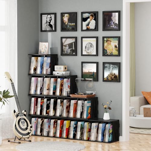 Emfogo Vinyl Record Storage, Record Player Stand Wall Mount Up to 80-100 Albums, 3-Compartment Vinyl Record Holder, Black Emfogo
