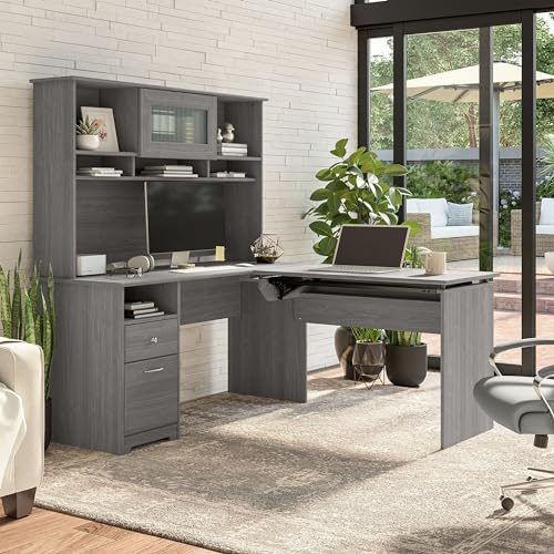 Bush Home Cabot 60W 3 Position Sit to Stand L Shaped Desk with Hutch in Modern Gray Bush Home