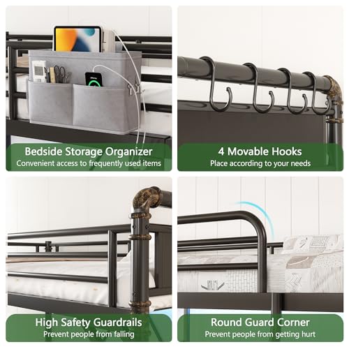 Twin Size Loft Bed with LED Lights and Charging Station, Industrial Heavy Duty Metal Loft Bed Frame with Ladder and Guardrail for Kids Adults, Small Space Saving Design for Bedroom Dorm, Black Jocoevol