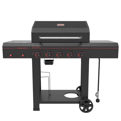 Megamaster 720-0982 5 Burner Propane Barbecue Gas Grill, Side Shelves with Hooks, for Outdoor Cooking, Patio, Garden Barbecue Grill, 50000 BTUs, Open Chart, Black