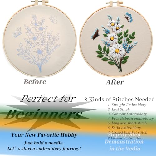 FONNUY Embroidery Kit for Beginners,Plants Flowers Pre-Stamped Pattern Kits for Adults with Hoop, Easy to Follow Needlework (Butterfly Flower)