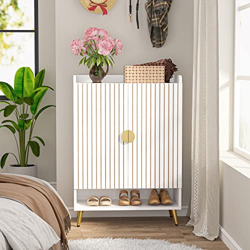 Tribesigns Shoe Cabinet with Doors, 6-Tier Shoe Storage Cabinet with Adjustable Shelves, Wooden Shoes Rack Shoe Storage Organizer for Entryway, Hallway, Closet, Living Room, White & Gold Tribesigns