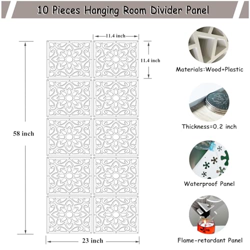 Lchen Hanging Room Divider,10 Pieces Wood-Plastic Hanging Panels 0.2“Thick Screen Panel for Living Room Bedroom Home Decoration(HTT-10S,11.4"X11.4") Lchen