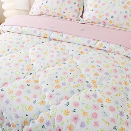 Wajade Floral Comforter Set Bed in A Bag Full Size 7 Piece Botanical Flower Green Leaves Rabbits Bedding Set for Girls (1 Comforter, 1 Flat Sheet, 1 Fitted Sheet, 2 Pillowcase and 2 Pillow Sham) Wajade