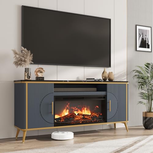 Fluted Fireplace TV Stand Up to 80" TVs, Modern Entertainment Center with 30" Electric Fireplace, Luxury Media Console with Adjustable Shelves for Living Room, Navy Blue RNLRNL