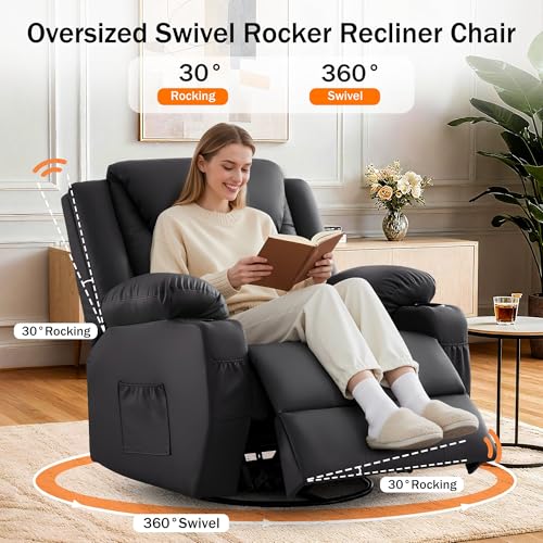 Korser Oversized Recliner Chair, 360° Swivel Recliner for Adults,Swivel Rocker Recliner Chair with Heat and Massage, Manual Recliner with Remote Control and Cup Holders for Living Room, Faux Leather Korser
