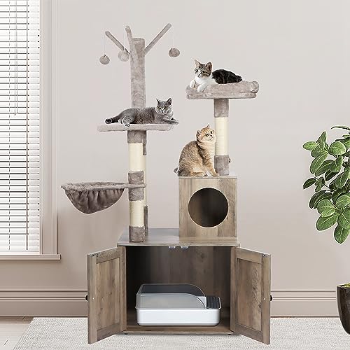 Timberer Litter Box Enclosure with Cat Tree, Wooden Cat House with Cat Tree Tower, Hidden Cat Litter Box Furniture with Scratching Post, Modern Cat Condo, Grey Timberer