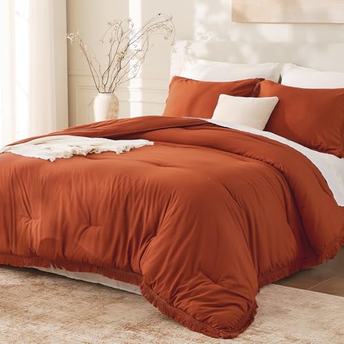 Andency King Size Comforter Set Burnt Orange, 3 Pieces Boho Terracotta Soft Lightweight Bedding Comforter Sets, Rust Tassel All Season Bed Set (104x90In Comforter & 2 Pillowcases) Andency