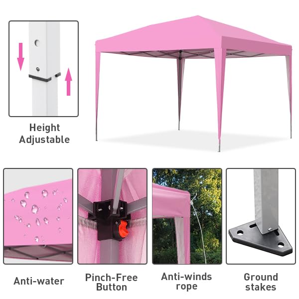 GDY 10'x10' Pop Up Canopy Tent, Outdoor Canopy Tent, Commercial Instant Gazebos, Portable Shelter Canopies, for Patio/Outdoor/Wedding Parties and Events,(Pink). GDY