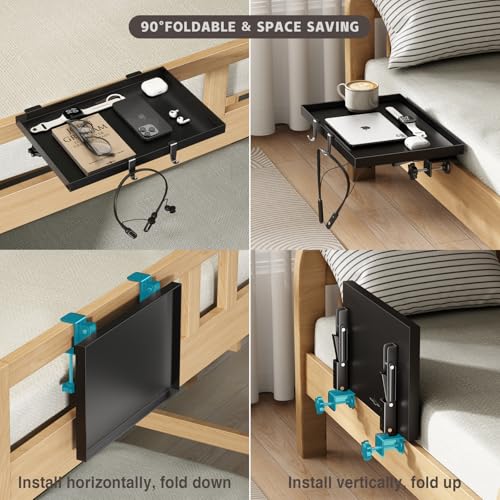 Magheo Bedside Shelf Foldable, Metal Clip-On Bunk Bed Table Shelf for Top Bunk Heavy Duty Bed Side Table Tray for College Dorm Room Essentials, Loft Nightstand Organizer Tray with 1 Cord Hole(Black) Magheo