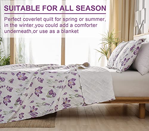 Ycosy Quilt Set King Size Floral Bedspread Coverlet King Quilts Set Bedding Summer Lightweight Floral Quilt Bedding Reversible Quilt Bedspread Plant Green Leaves Purple Flower Home Quilts Collections Ycosy