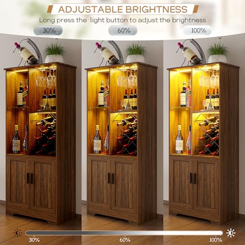 Kasibie Wine Cabinet, Wine Bar Cabinet with LED Lights, Liquor Cabinet with Glass Holder Wine Rack, Farmhouse Modern Liquor Cabinet with Storage for Home (Brown) Kasibie