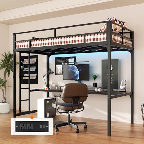 INTERGREAT Loft Bed Twin Size with Desk, Metal Loft Bed Frame with LED Lights and Charging Station, Safety Guardrail and Ladder, No Box Spring Needed, Space-Saving, Noise Free, Black INTERGREAT