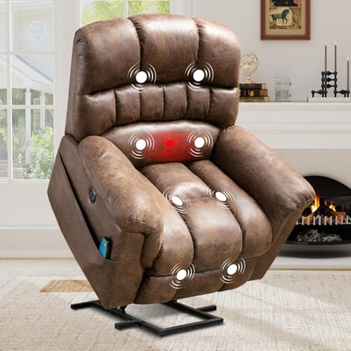 HAOMARKETS Oversized Power Lift Recliner with Massage and Heat for Elderly, Faux Leather Electric Lifting Reclining Chair with Side Pockets and USB Port for Living Room, Brown