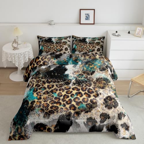 Leopard Print Kids Comforter Set King Size,Boys Girls Adults Bedroom Decor,Black White Cow Fur Texture Down Comforter,Abstract Animals Skin Bedding Set,Rustic Farmhouse Duvet Insert,2 Pillowcases Homewish