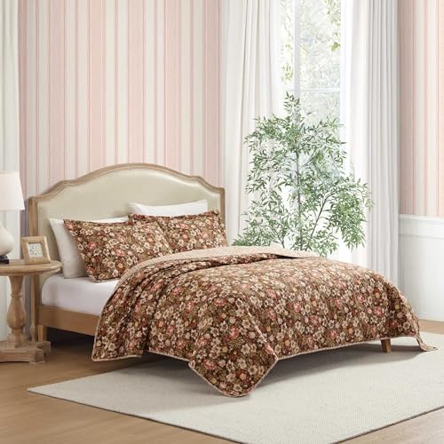 Laura Ashley - Twin Quilt Set, Reversible Cotton Bedding with Matching Sham, Lightweight Home Decor for All Seasons (Marta Brown, Twin) Laura Ashley