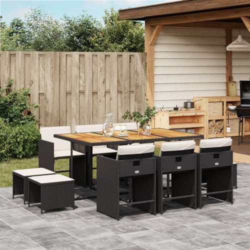 vidaXL Patio Dining Set with Cushions - 11 Piece Outdoor Furniture PE Rattan/Acacia Wood Table & Chairs, Black/Cream vidaXL