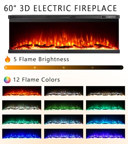 Maxhonor 3-Sided View Electric Fireplace Insert - Minimalist Mantel - 12 Color Flame Effect - 1500/750 Watt Heater - Remote Control - Log & Crystals(60",White) Maxhonor