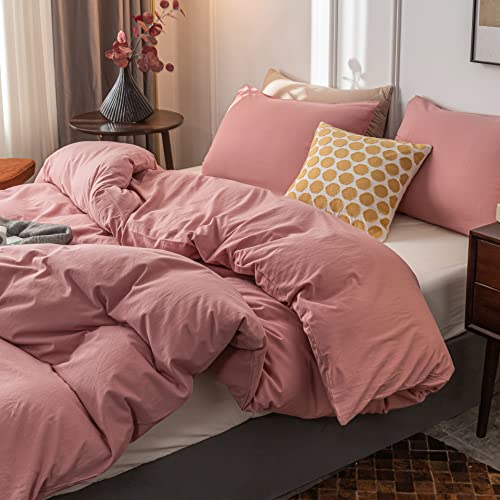 Janlive Washed Cotton Duvet Cover Twin Ultra Soft 100% Cotton Solid Color Rose Duvet Cover Set with Zipper Closure -2 Pieces Pink Bean Paste Twin Janlive