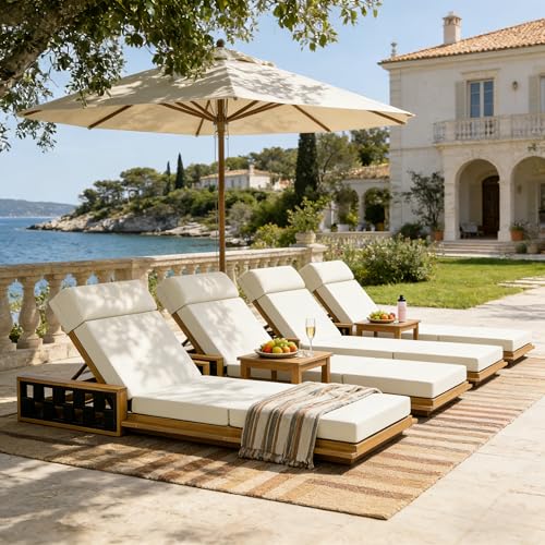 Merax Acacia Wood Patio Chaise Lounge Set of 2, Outdoor Reclining Chairs with 4-Position Adjustable Backrest, 2-Piece Sunbathing Recliner & 4" Thick Four-fold Cushion for Poolside, Garden, Beige